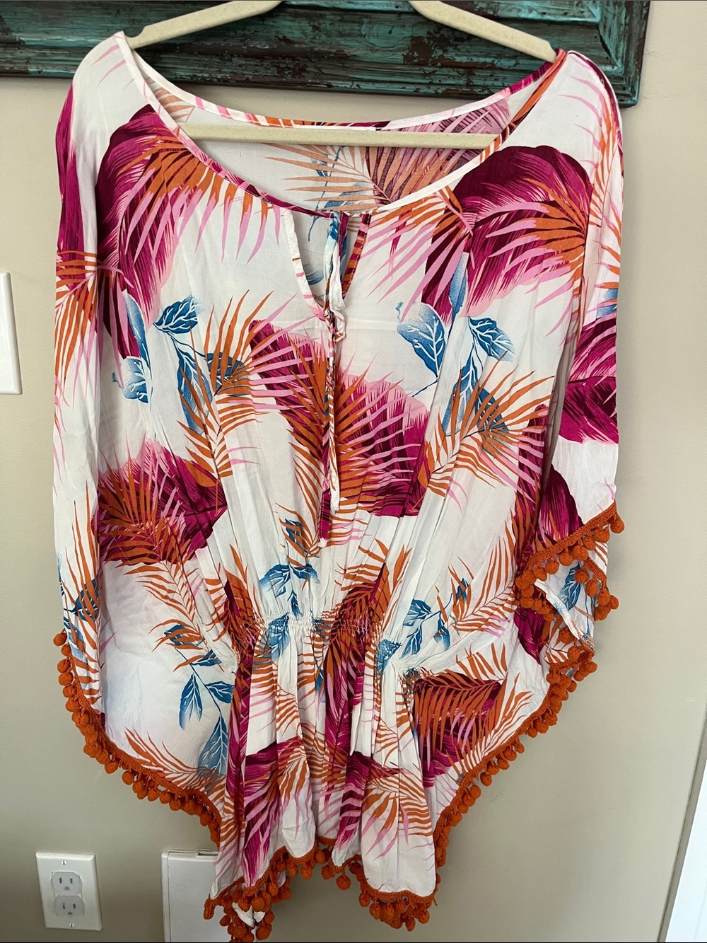 White Palm-Print Women's Swim Coverup with Pink & Orange Trim